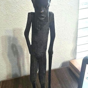 13.5&quot; Barefooted African Figure Hand Carved Wood Tribal Man Staff Cane Besmo