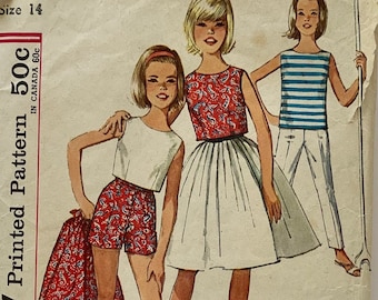 Vintage 1960s Simplicity 4967 Girls Sz 14 Breast 32 Girls' Top, Shorts, Pants and Skirt Sewing Pattern