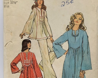 Vintage 1973 Size 10 Bust 32.5 Simplicity 6044 Misses' Caftan in Two Lengths and Pants Sewing Pattern