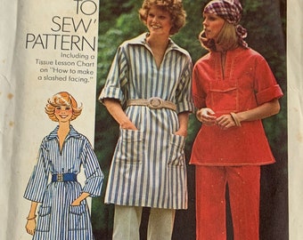 Vintage 1975 Simplicity 7250 Size 12 Bust 34 Misses' Pullover Dress or Top and Pants Sewing Pattern