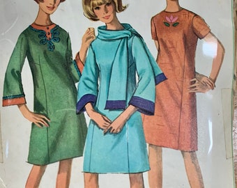 Vintage 1966 Size Misses' 10 Bust 31 Simplicity 6677 One-Piece Dress with Scarf Sewing Pattern