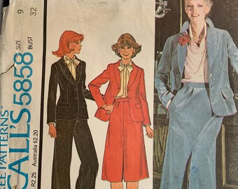 Vintage 1977 McCall's 5858 Size 9 Bust 32 Junior Unlined Jacket, Skirt and Pants Sewing Pattern