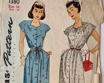 Vintage 1945 Simplicity 1380 Size 16 Bust 34 Buttoned Day Dress Sewing Pattern