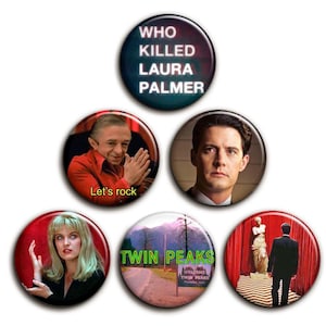 May include: A set of six circular pin badges with imagery from the TV series Twin Peaks. The badges feature character portraits, the show's logo, and the question "Who Killed Laura Palmer?" in a variety of colours.