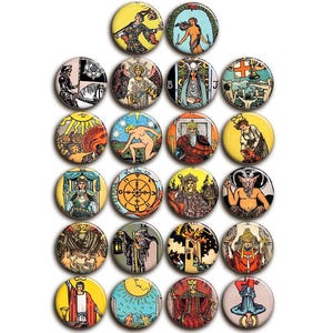 May include: A collection of twenty-one round, colourful tarot card buttons. Each button features a unique illustration with various figures, symbols, and scenes. The buttons are arranged in a grid pattern against a white background.