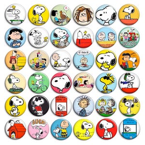 Può includere: Una collezione di trentasei spille rotonde con varie illustrazioni dei personaggi dei fumetti Peanuts come Snoopy, Charlie Brown e Woodstock, alcune con testi come SNOOPY, SMAC, AUGH e THE DOCTOR.