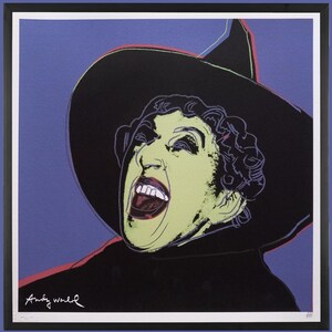 May include: Pop art print of a screaming woman in a black witch hat, with a green face and red lips. The background is a solid blue. The artist's signature, "Andy Warhol," is in the lower left corner.