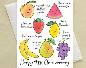 4th Wedding Anniversary Card - Fruit - peach lemon pear strawberry watermelon banana fig - fruity happy fourth anniversary - pun love