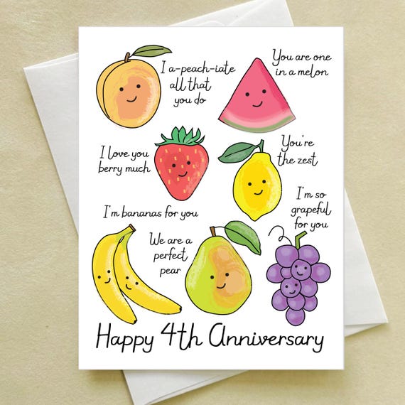 4th Wedding Anniversary Card - Fruit - peach lemon pear strawberry watermelon banana fig - fruity happy fourth anniversary - pun love