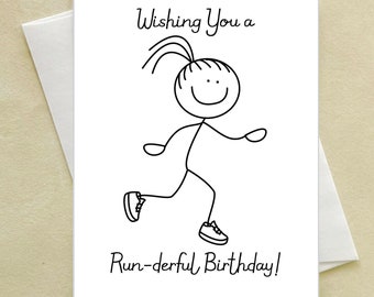 Runner Birthday Card - stick figure runner greeting card - wishing you a runderful birthday - girl runner run
