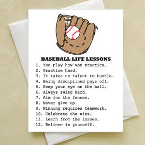 May include: A white greeting card with a baseball theme. The card features a baseball glove and ball illustration, with the text "BASEBALL LIFE LESSONS" and 12 life lessons listed below. The card is inside a white envelope.