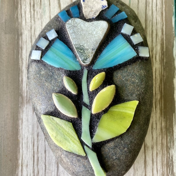 mosaic garden rock stone - paperweight - blue heart flower - sea pottery - stained glass - ceramic leaves