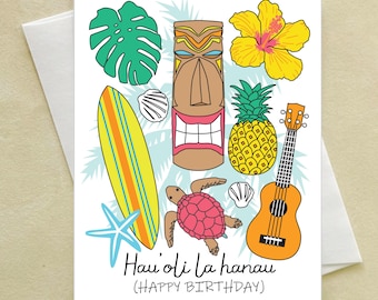 hau'oli la hanau Birthday Card - Aloha Hawaii Greeting Card - surfboard - sea turtle - totem pole - Hawaiian pineapple - ukulele - monstera