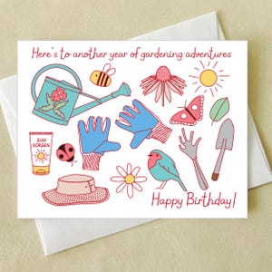 Gardening Birthday Card - Here&#39;s to another year of gardening adventures - Garden Lover Lover Birthday greeting card