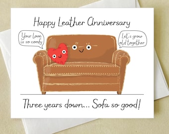 Leather Wedding Anniversary Card -  happy 3rd anniversary - funny pun leather sofa card