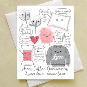 Cotton Wedding Anniversary Card Assorted -  happy 2nd anniversary - I'm sew into you - marriage material pun card