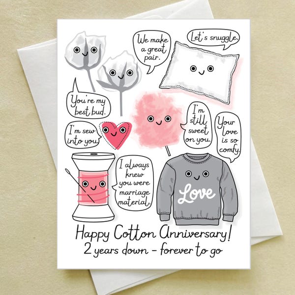 Cotton Wedding Anniversary Card Assorted -  happy 2nd anniversary - I'm sew into you - marriage material pun card