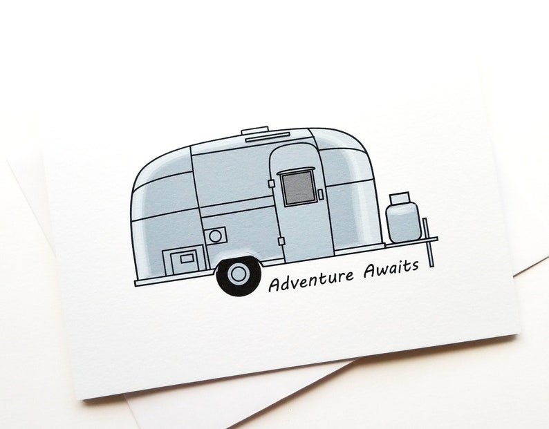 Airstream Trailer Adventure Awaits Card  Happy Birthday. #airstream #happycamper #campingvibes