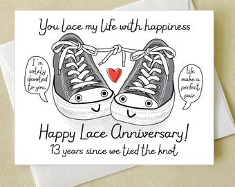 Lace Wedding Anniversary Card -  happy 13th anniversary - funny pun laced sneaker card