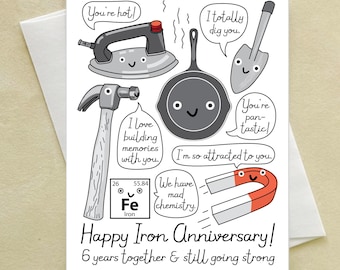 Iron Wedding Anniversary Card -  happy 6th sixth anniversary - pun anniversary card - hammer, iron pan, magnet - iron element chemistry