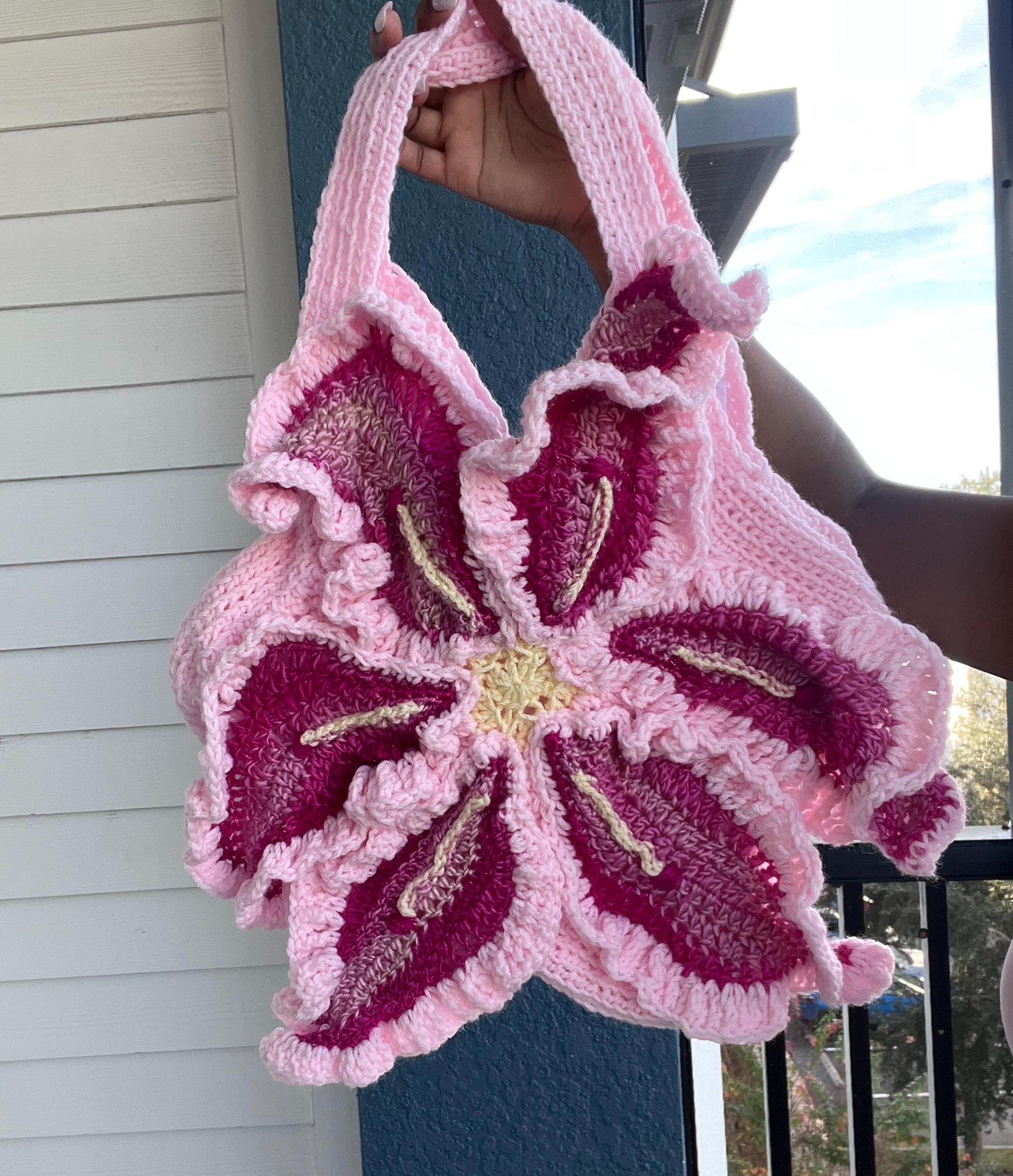 Handmade Crochet Pink Lily Flower Shoulder Bag/Purse with Sewn Lining - Made to Order