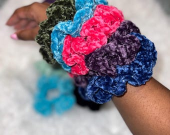 CUSTOM Handmade Crochet Velvet Ruffle Hair Scrunchies|Crochet Velvet Hair Elastic| 15 Color Options - Solid & Sparkly Colors