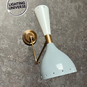 Mid Century White Wall Sconce: Italian Stilnovo Style Adjustable Brass Lamp