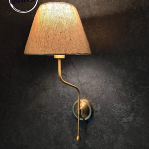 Brass Wall Sconce with Linen Shade, Elegant Handmade Wall Light, Curved Arm Wall Lighting Fixture, Bedside Wall Sconce, Scandinavian Sconce