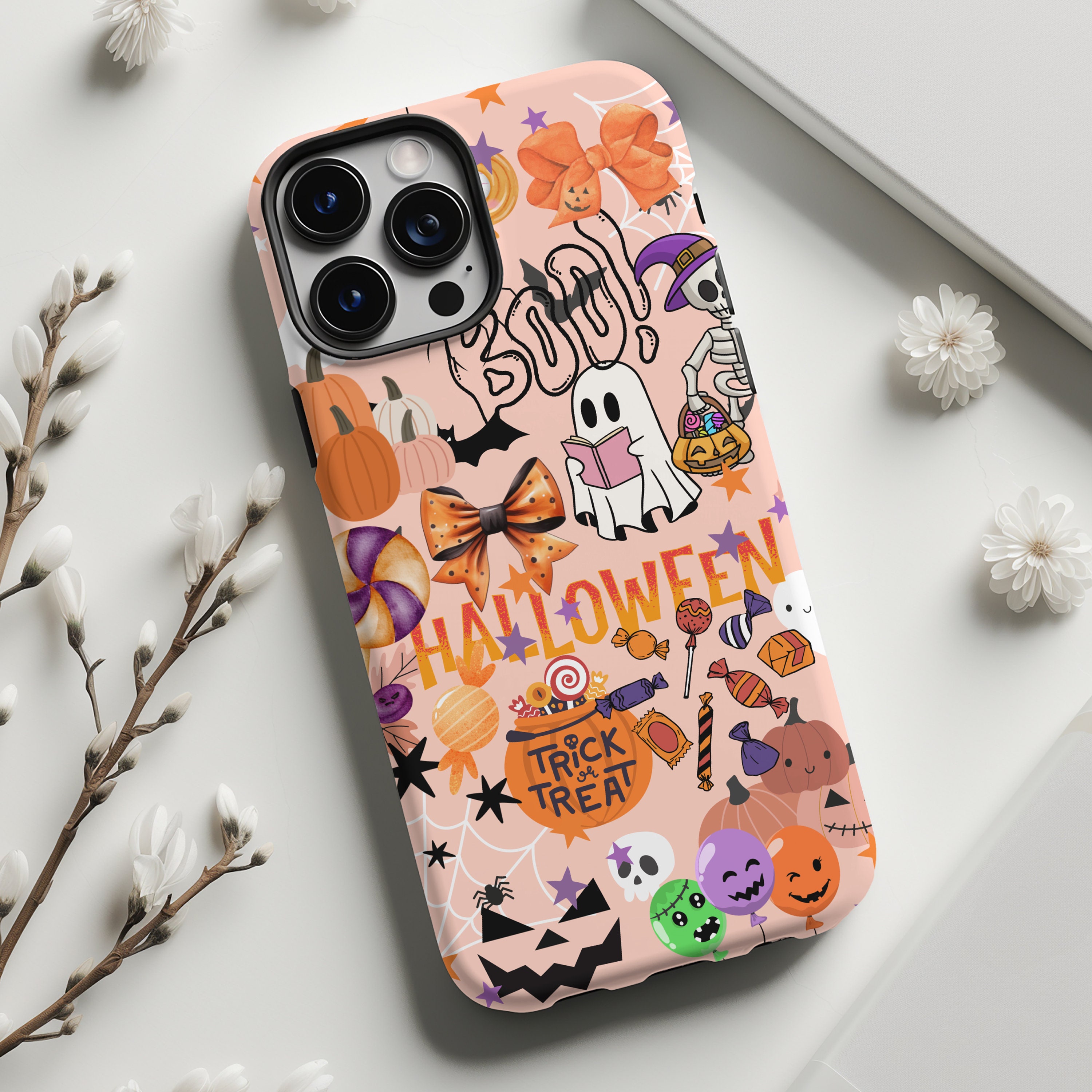 Fall Ghost Pumpkin Coffee Cute Spooky Halloween Phone Case iPhone 15 14 13 12 11 Pro Max Magsafe Samsung Galaxy S23 S22 S20 Ultra Pixel