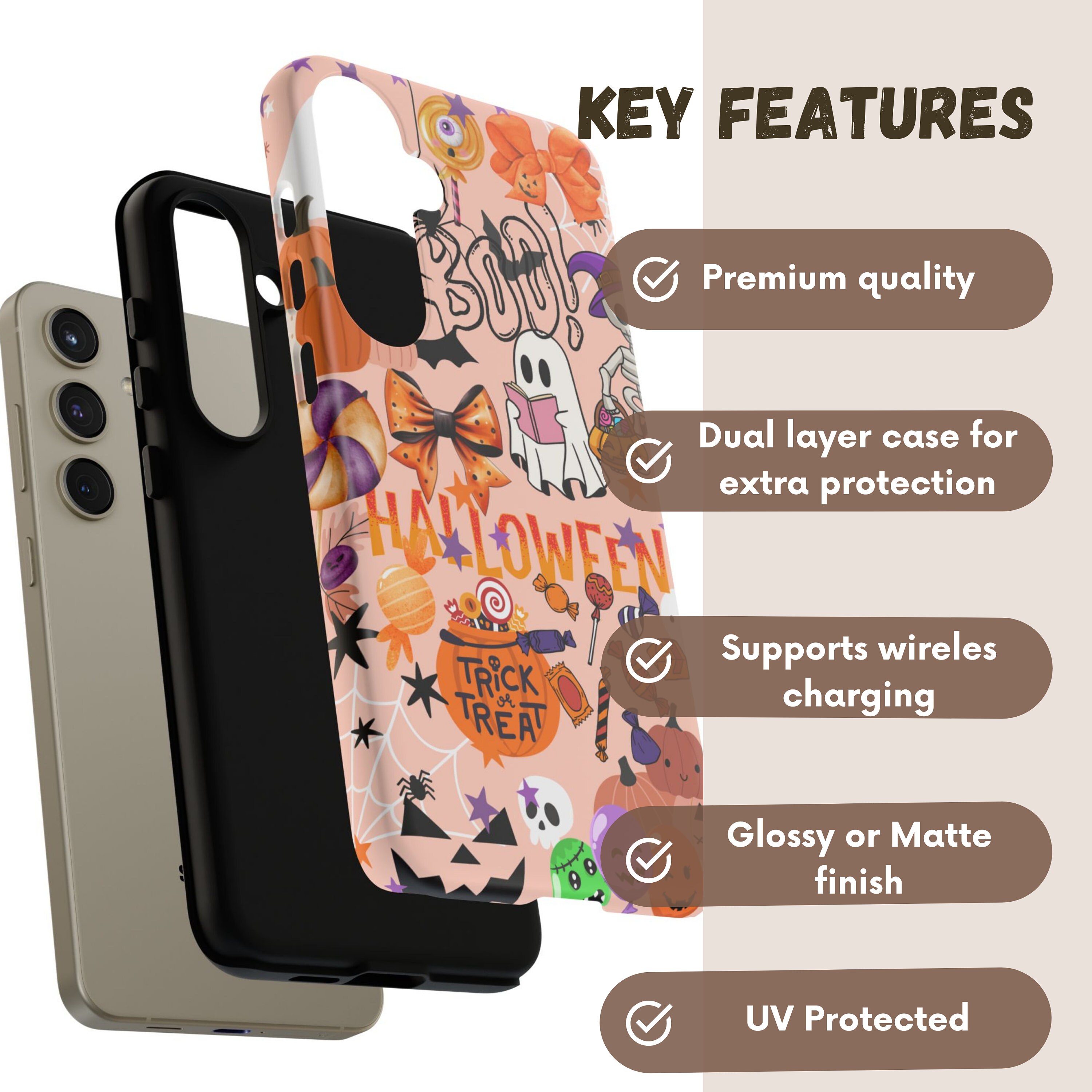 Fall Ghost Pumpkin Coffee Cute Spooky Halloween Phone Case iPhone 15 14 13 12 11 Pro Max Magsafe Samsung Galaxy S23 S22 S20 Ultra Pixel