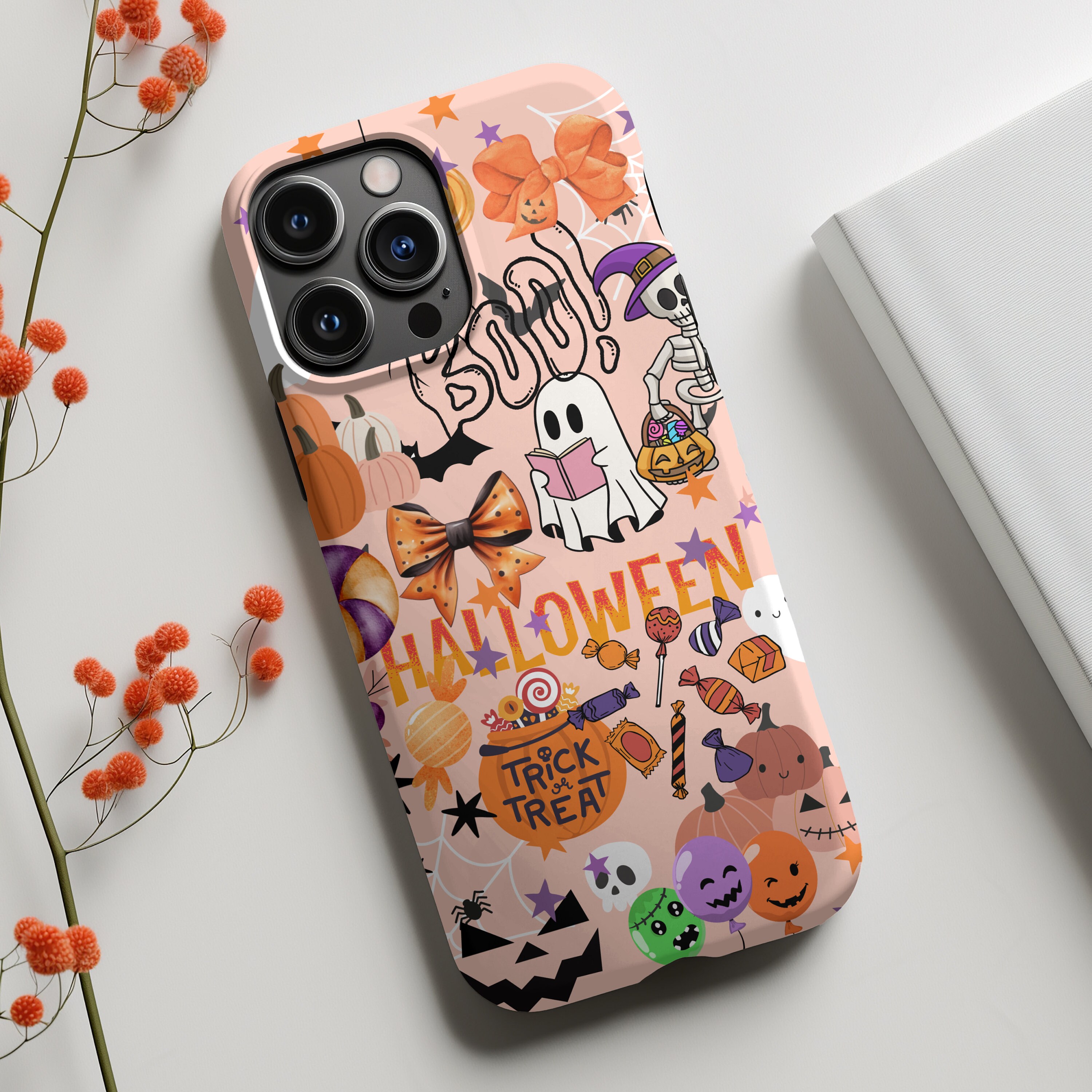 Fall Ghost Pumpkin Coffee Cute Spooky Halloween Phone Case iPhone 15 14 13 12 11 Pro Max Magsafe Samsung Galaxy S23 S22 S20 Ultra Pixel
