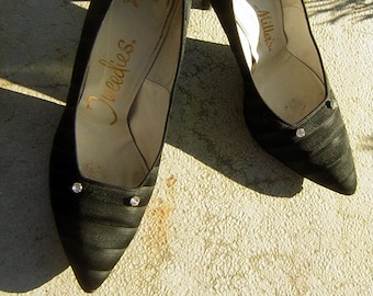 Vintage 60s Heels Black Silk Tuxedo Stilettos Formal & Fancy - Womens Shoes US 6 1/2  Euro 37