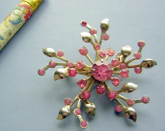 Pink Coro Brooch Pin SIGNED - Swirl Snowflake Design & Handset Riveted Rhinestones Vintage 40s
