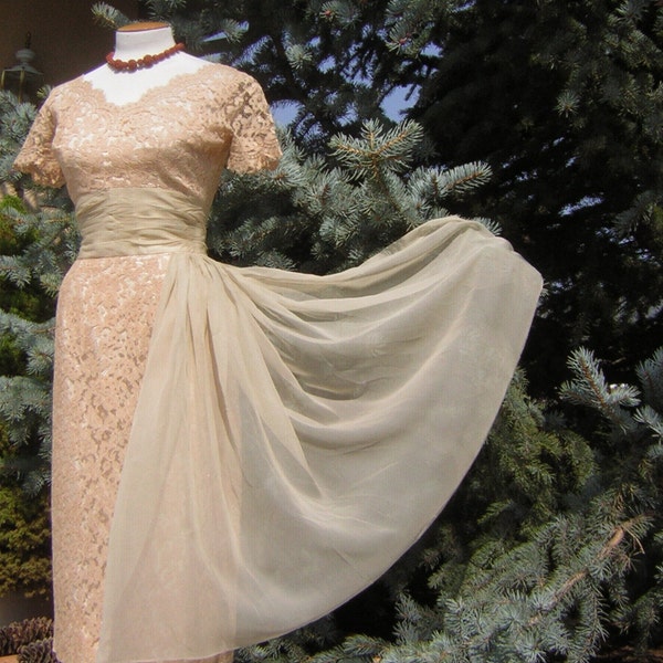 Vintage 50s Dress Sexy Nude Lace NORMAN Original with Silk Flyaway Hip Sash - Stunning Mint Condition