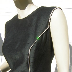 Vintage Black Dress 70s Shantung Silk & Rhinestone Trim - Curvy Classy Size Medium