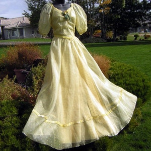 Vintage 40s Gown Party Dress Sheer Embroidered Organdy Pastel Yellow Full Skirt Sweetheart XS