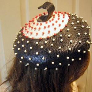 Vintage Hat - Beaded Straw Beanie RED WHITE & BLUE Patriotic 50s/60s Polka Dot Fun - Styled by Coralie