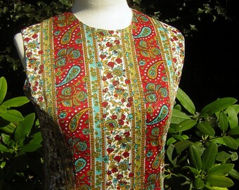 Vintage Paisley Dress 1960s Curvy Shift Nylon Jersey - Turquoise & Red Cool Chic Size S to M - Cay Artley