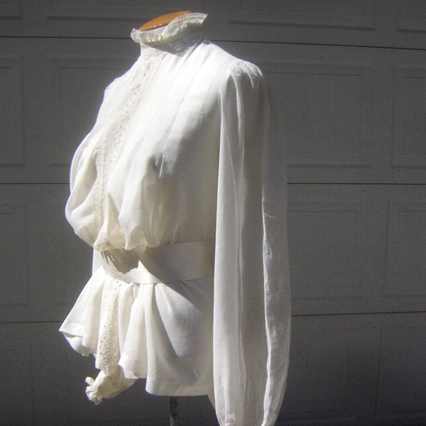 Vintage Victorian Blouse - 70s Prairie Style Ruffles with High Neck Big Sleeves - Sheer Romance - M