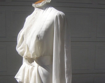 Vintage Victorian Blouse - 70s Prairie Style Ruffles with High Neck Big Sleeves - Sheer Romance - M