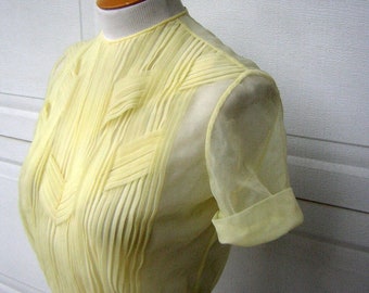 Vintage 50s NYLON SHEER See Through Blouse with Pleated Woven Detail - Pale Lemon Yellow - Sexy & Smart - MEDIUM