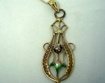 Antique Lavalier Necklace Victorian Edwardian Diamond & Enamel 14KT Gold Pendant with Chain REDUCED Estate Piece