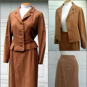 Vintage Suit Caramel Brown Wool Notched Waist Hand Tailored Fine Wool & Silk Lining BUST 44 WAIST 28 image 2