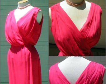 Vintage 60s Pink Dress Cocktail Party Sheer Chiffon - Shirred Surplice Bodice Elegant Miss Sizzling Hot & Sexy