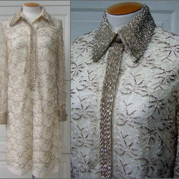 60s Beaded Party Dress Vintage HongKong Ivory Cream & Silver with Pearls Lace Overlay Tailored POSH MOD Medium Bust 41"