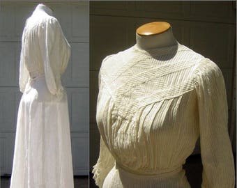 Victorian Wedding Dress 2 pc Tea Gown - Ivory Cotton Shirred Stripe Semi-Sheer - Downton Abbey - XXS