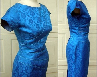Vintage Blue Dress Fancy Brocade Sexy Fit with figure Flattering Fan Piping Vibrant Blue Satin Vintage Size 12 but fits SMALL