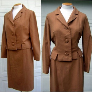Vintage Suit Caramel Brown Wool Notched Waist Hand Tailored Fine Wool & Silk Lining BUST 44 WAIST 28 image 1
