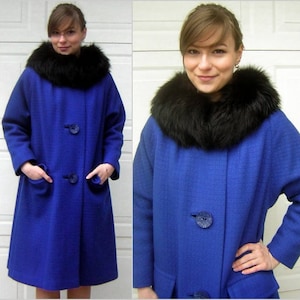 Vintage Black FOX Fur Royal Blue Coat Fabulous Color Chic Style 1960s Posh M to L by JILL JR. image 1