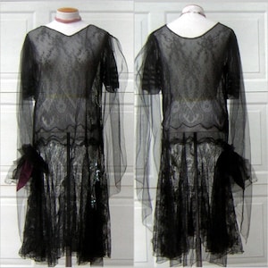 1920s Flapper Dress Real Vintage Sheer Black Net Lace Opal Sequins Green Glass Beads Downton Abbey Gatsby Girl - BUST 42&quot;